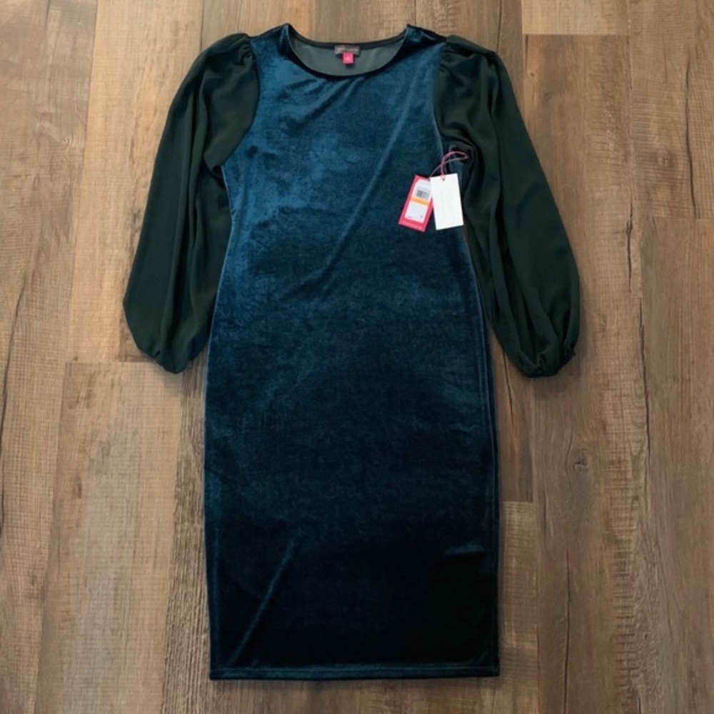 Vince Camuto Velvet Green Dress Sheer Long Sleeves - Picture 3 of 6